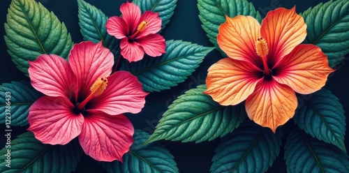 Colorful hibiscus leaves with tropical patterns, Floral design, Patterns