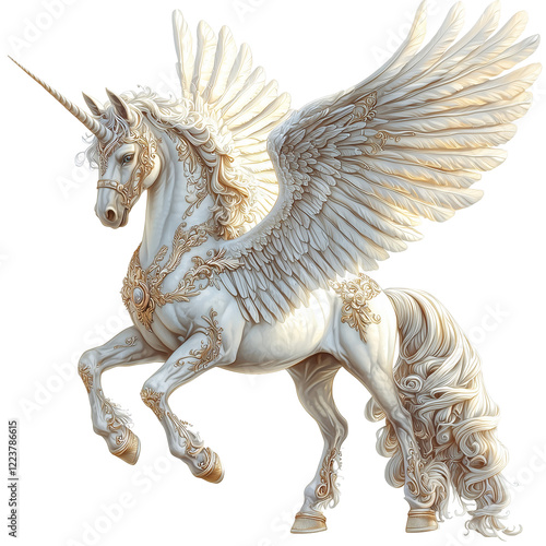 Majestic White Unicorn with Golden Wings Fantasy Art horse image regal isolated on transparent or white background, png photo