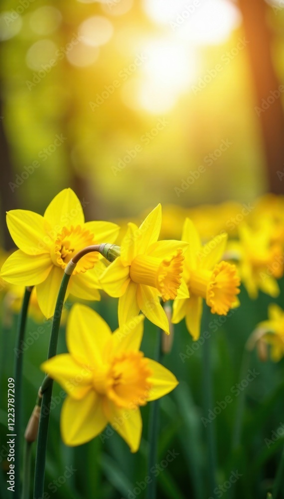 Obraz premium Daffodil Field with Warm Sunlight , sunshine, daffodils
