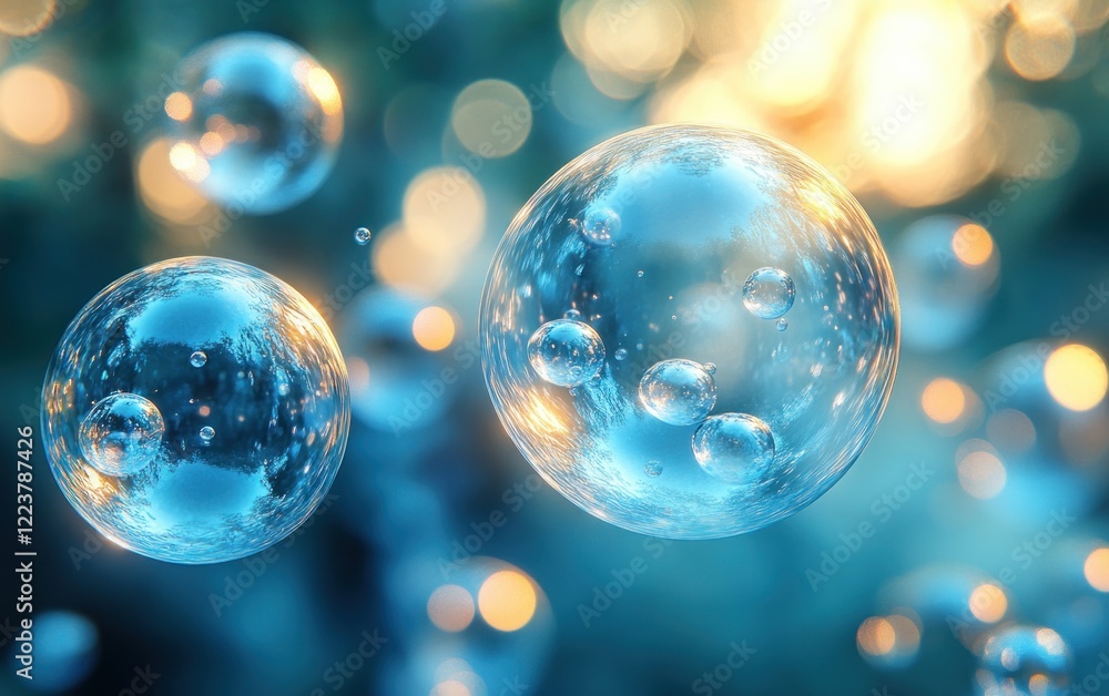 Transparent Bubbles in Soft Blue Light Ethereal Biotechnology Concept for Skin Health and Cosmetic Treatments Transparent Bubbles in Soft Blue Light Ethereal Biotechnology Concept for Skin Health and Cosmetic Treatments