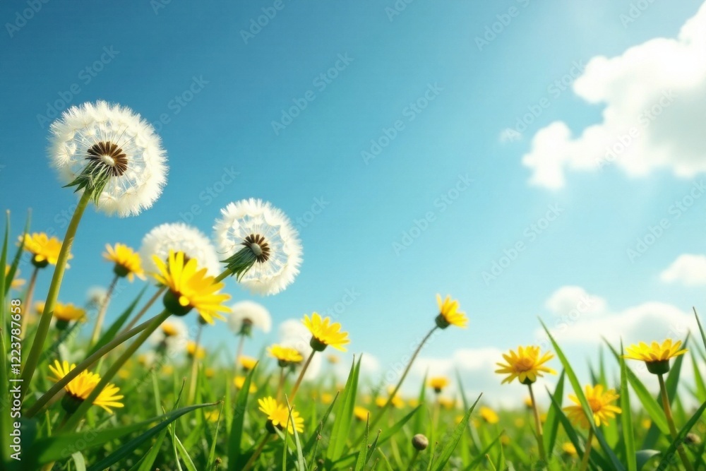 Dandelions sway in gentle breeze, field, blue, sunny Dandelions sway in gentle breeze, field, blue, sunny
