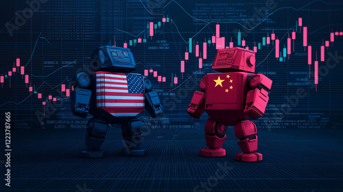 Two boxy robots, symbolizing AI competition between the United States and China, stand facing each other with fluctuating stock market charts and financial data in the background. photo