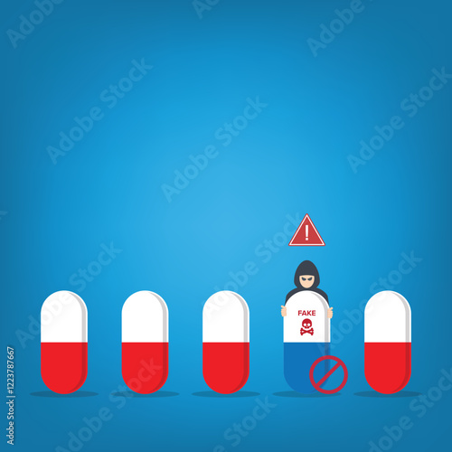 Fake medicine. Pill and tablet, criminal selling illegal drugs. Fake drugs, pharmaceutical. Symbolic for harmful counterfeit pills, risk and danger of illegal produced and sold pharmaceuticals.