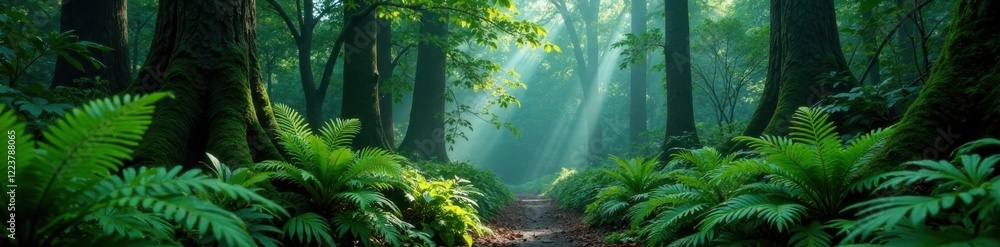 Obraz premium Dark forest with giant ferns and moss, greenery, forest, nature