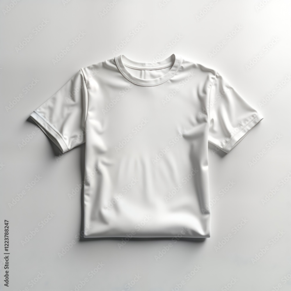 White blank t-shirt folded neatly on white surface. Plain tee shirt design mock up. Versatile clothing item for casual wear. Suitable for branding, design. Minimalist apparel template. Studio shot of White blank t-shirt folded neatly on white surface. Plain tee shirt design mock up. Versatile clothing item for casual wear. Suitable for branding, design. Minimalist apparel template. Studio shot of