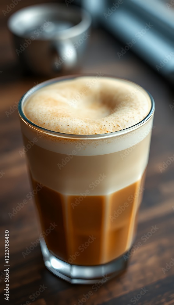 Layered Latte in Glass on Wooden Table Layered Latte in Glass on Wooden Table
