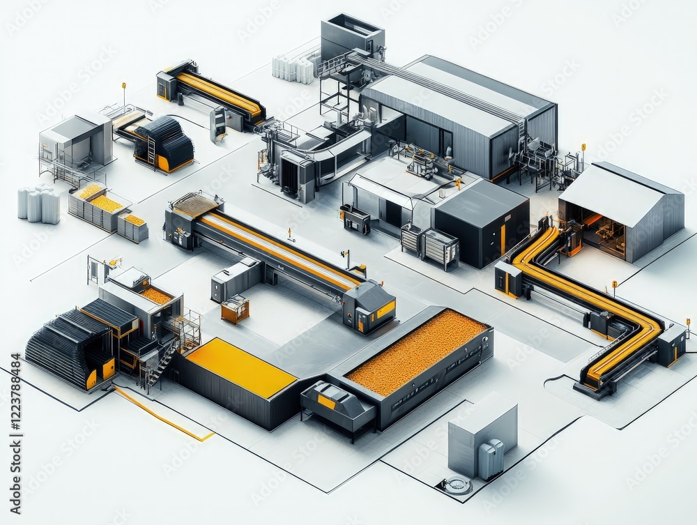 A Detailed Isometric View of a Modern and Efficient Food Processing Plant with Advanced Machinery and Conveyor Systems. A Detailed Isometric View of a Modern and Efficient Food Processing Plant with Advanced Machinery and Conveyor Systems.