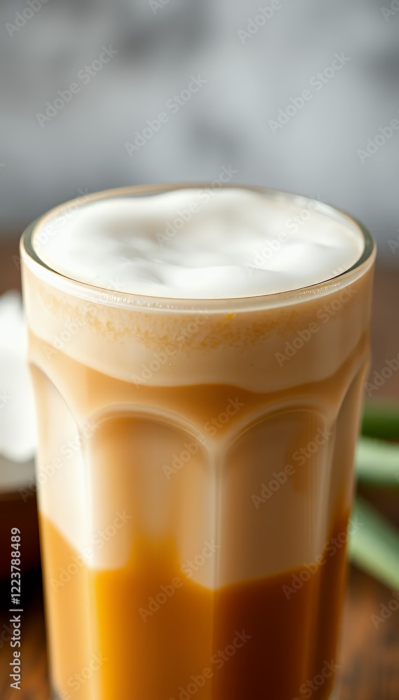 Layered Latte with Creamy Foam in Glass Layered Latte with Creamy Foam in Glass