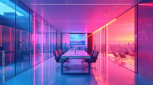 Modern Neon Lit Office With Cityscape View