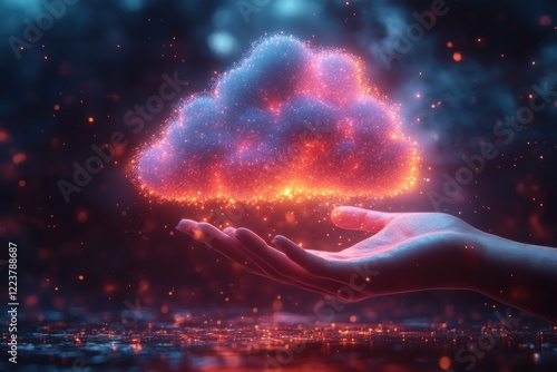 Futuristic Cloud Download Icon with Hand Reaching for Data Transfer and Technology Progress photo