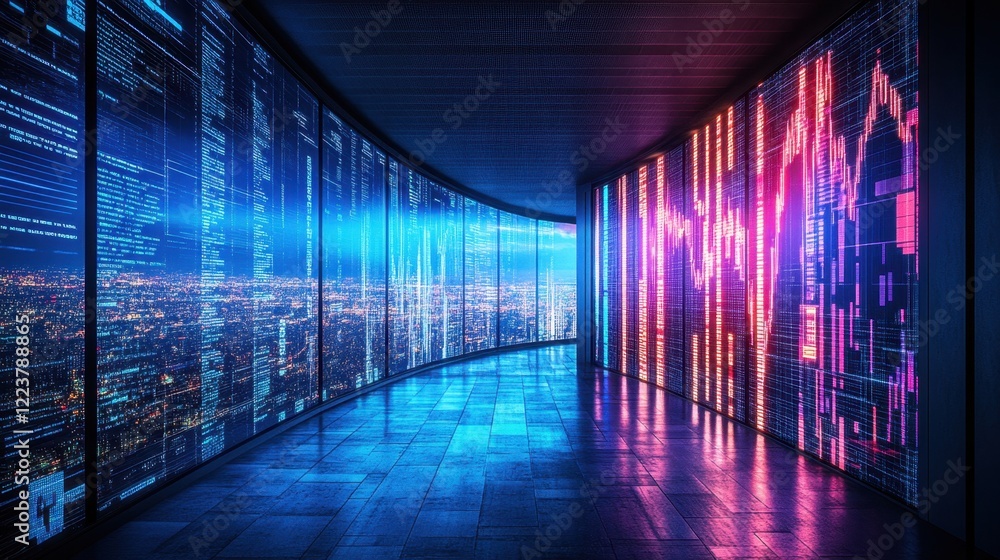 Fototapeta premium A clean interface of ERP system analytics on a large screen in a high-tech office.