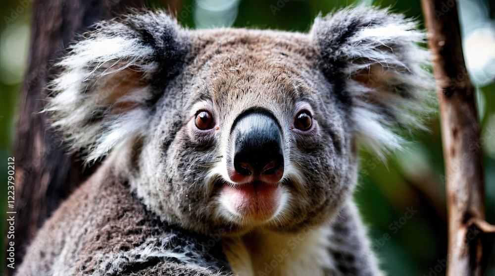 Obraz premium A cute koala sits nestled in a eucalyptus tree, gently munching on leaves with its tiny paws, radiating a sense of peaceful contentment and gentle curiosity