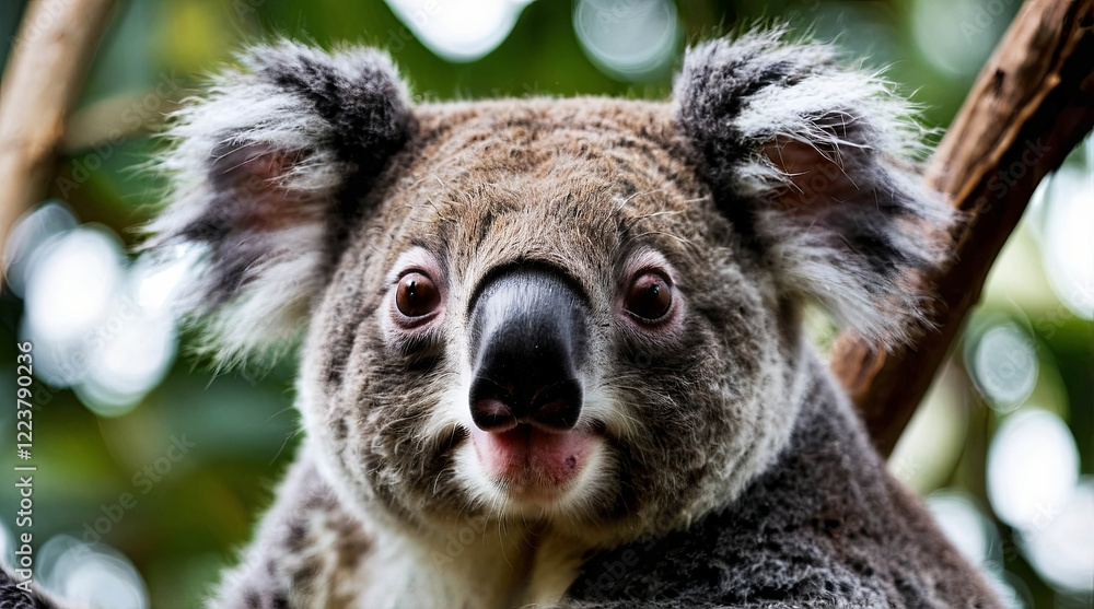 Fototapeta premium A cute koala sits nestled in a eucalyptus tree, gently munching on leaves with its tiny paws, radiating a sense of peaceful contentment and gentle curiosity