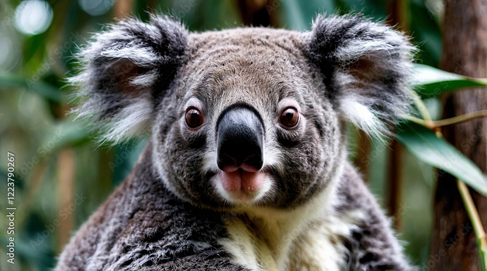 A cute koala sits nestled in a eucalyptus tree, gently munching on leaves with its tiny paws, radiating a sense of peaceful contentment and gentle curiosity A cute koala sits nestled in a eucalyptus tree, gently munching on leaves with its tiny paws, radiating a sense of peaceful contentment and gentle curiosity