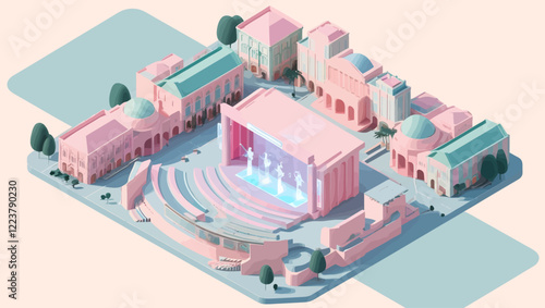 Isometric pink city scene with holographic performers on stage
