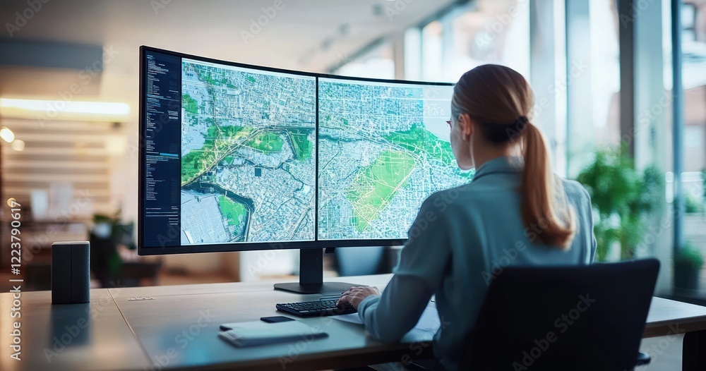 Digital Property Search in Modern Office with Tech Savvy Environment and Large Screens Digital Property Search in Modern Office with Tech Savvy Environment and Large Screens