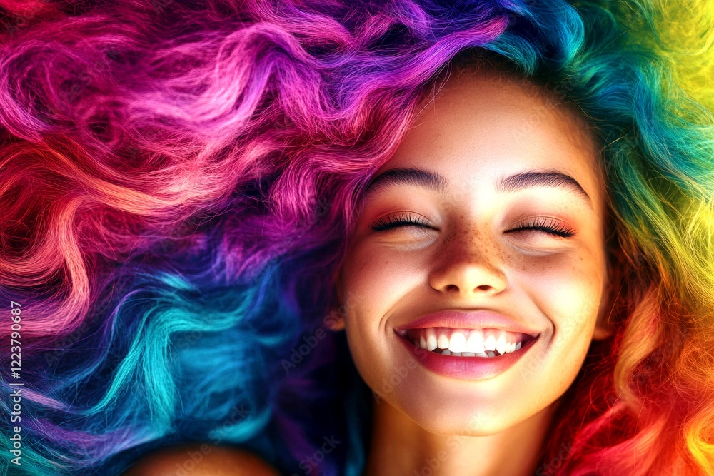 Lovely smiling mixed-race girl - for ads, banner and digital marketing marketing use. Commercial commercial creative. Long coiffure - multicolored hair. Vibrant hair trends portraits. Lovely smiling mixed-race girl - for ads, banner and digital marketing marketing use. Commercial commercial creative. Long coiffure - multicolored hair. Vibrant hair trends portraits.