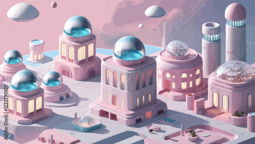 Pink futuristic city with dome architecture, digital fantasy landscape