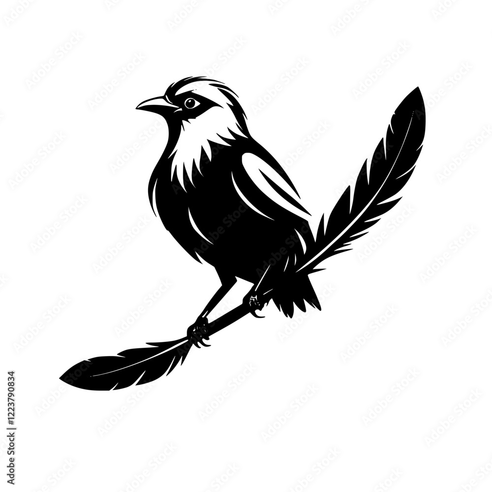 Fototapeta premium Black Bird Silhouette on Branch with Feather: Elegant Nature Vector Graphic