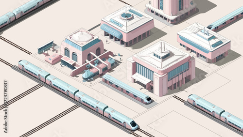 Isometric Pink Train and Railway Buildings Design with Pastel Color Scheme