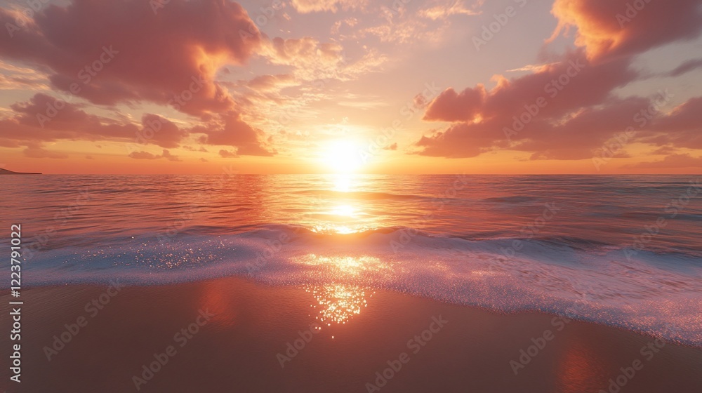 Scenic Seascape at Sunset with Orange and Pink Hues Reflecting on the Ocean Surface Scenic Seascape at Sunset with Orange and Pink Hues Reflecting on the Ocean Surface