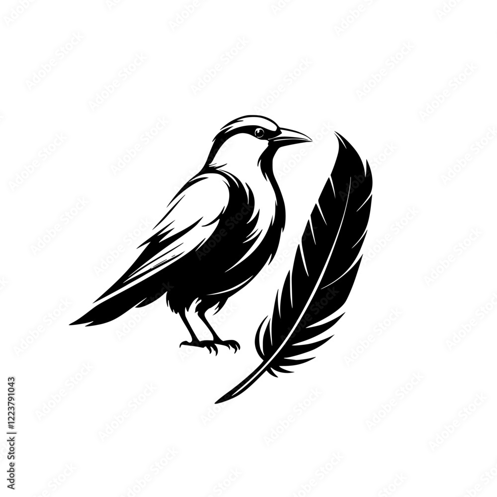 Fototapeta premium Majestic Crow and Feather: A Black and White Graphic Design. Perfect for nature lovers and minimalist art enthusiasts. This striking vector illustration is both elegant and simple.