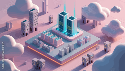 3D Data Server Farm on Pink Platform With Clouds and Cityscape