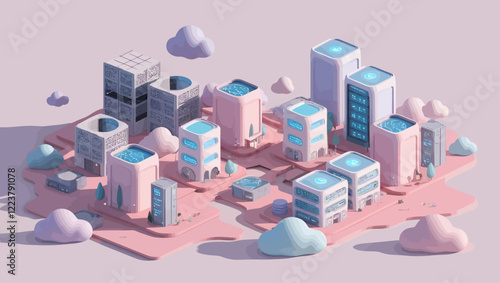 Isometric Tech City Concept With Pastel Buildings Clouds Future Data