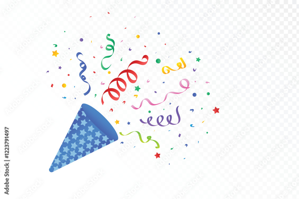 Obraz premium Multicolor confetti and ribbon explosion on a white background. Ribbon and tinsel design for anniversary, birthday, festival, and holiday celebration. Confetti and tin foil paper scrap vector.