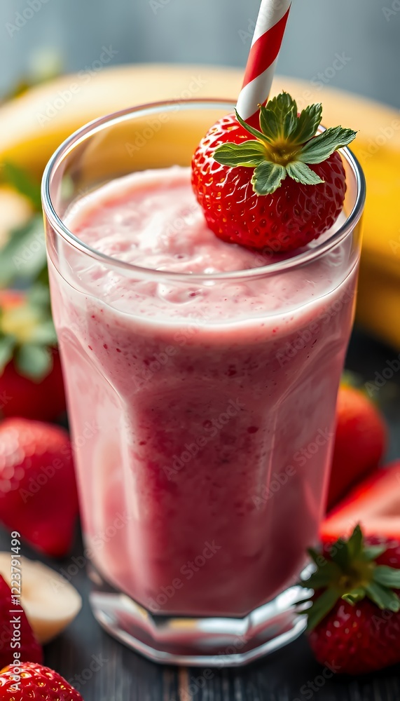Strawberry Banana Smoothie in Glass with Straw Strawberry Banana Smoothie in Glass with Straw