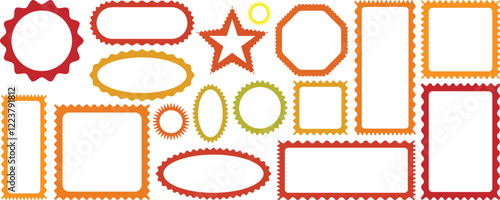 Geometric shapes with scallop and zigzag edges set. Cloudy wave curve edge frame. wavy scalloped doodle drawn style for decoration Silhouette stickers circle, square, oval and rectangle labels.