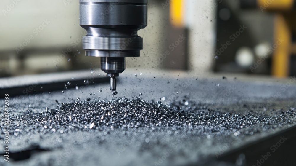 A CNC machining process with metal shavings scattered around the cutting area. A CNC machining process with metal shavings scattered around the cutting area.