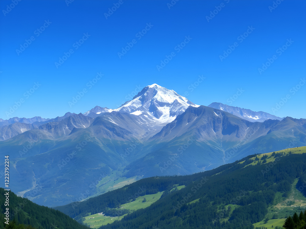 Fototapeta premium High-resolution, realistic image of a serene mountain landscape with a clear blue sky.