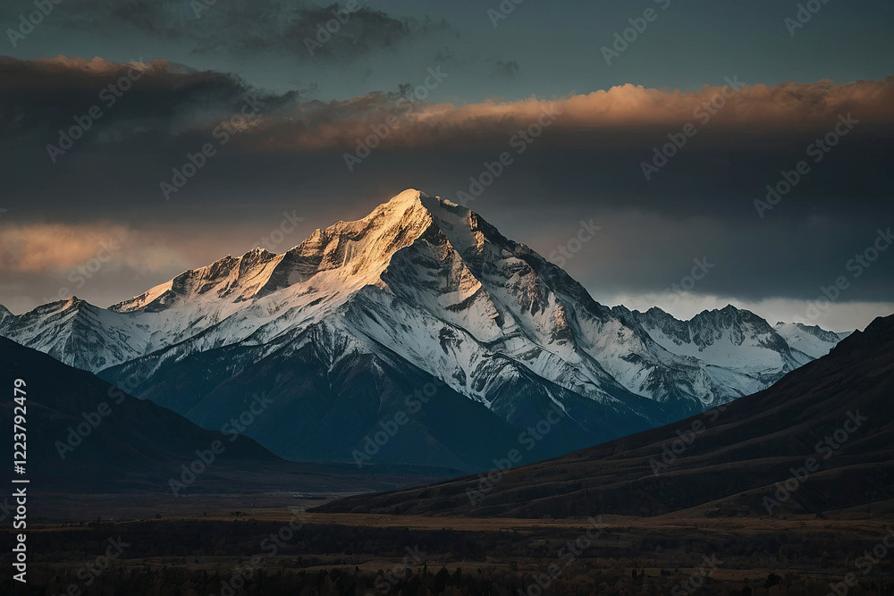 A landscape image featuring a range of towering, snow-capped mountains under a moody sky A landscape image featuring a range of towering, snow-capped mountains under a moody sky
