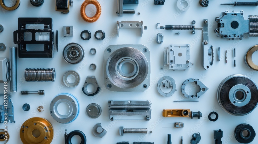 A collection of servo motor parts, including bearings, rotors, and casings, displayed neatly. A collection of servo motor parts, including bearings, rotors, and casings, displayed neatly.