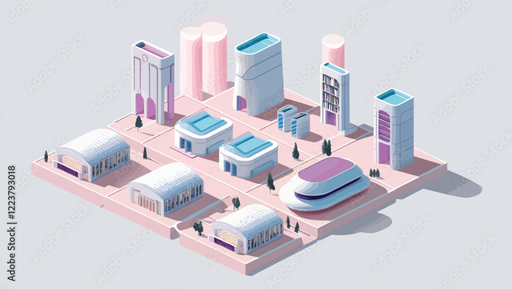 Obraz premium Isometric futuristic city with pink and white architecture on light grey