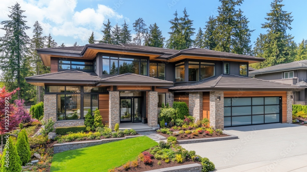 A luxurious modern house front with large windows, a minimalist garden, and a clean concrete driveway, viewed from overhead. A luxurious modern house front with large windows, a minimalist garden, and a clean concrete driveway, viewed from overhead.