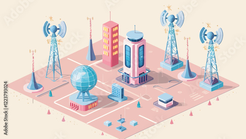 Isometric city with towers and globes, pastel colors for technology network