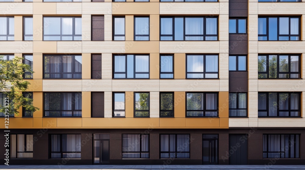 Modern Apartment Building Exterior With Large Windows Modern Apartment Building Exterior With Large Windows