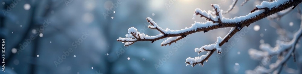 Snowflakes gently falling on a bare tree branch, delicate, snowfall Snowflakes gently falling on a bare tree branch, delicate, snowfall