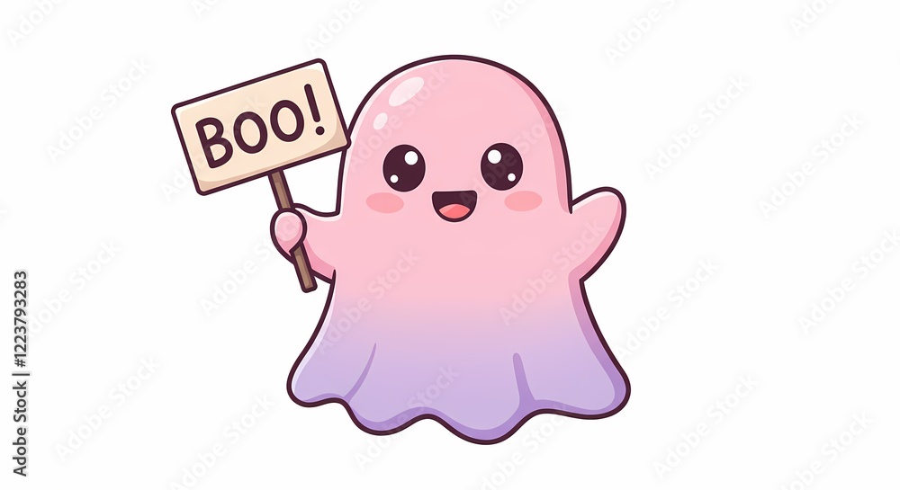 Obraz premium Adorable Pink Ghost Cartoon Character Holding Boo Sign Halloween Illustration Cute Spirit