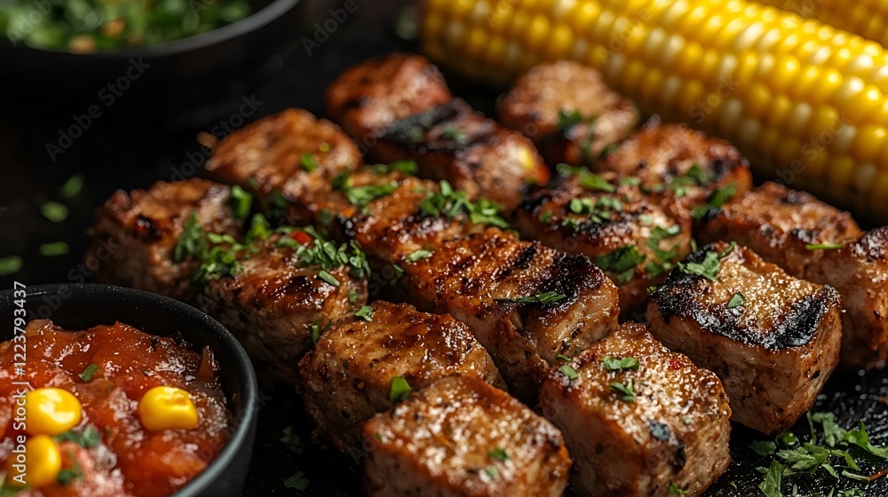 Grilled pork skewers, corn, salsa, herbs. Summer BBQ food Grilled pork skewers, corn, salsa, herbs. Summer BBQ food