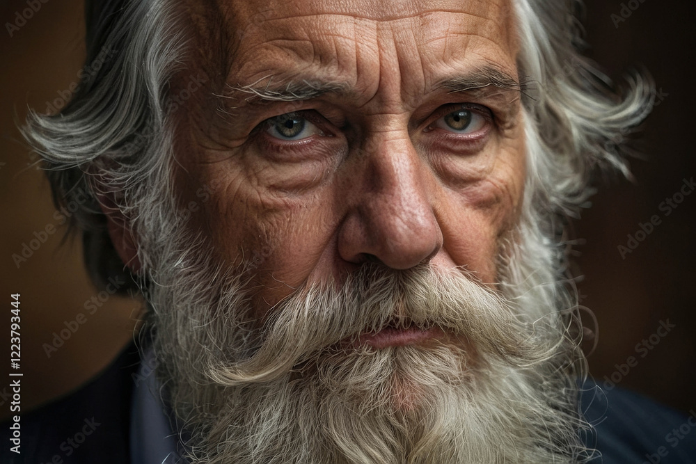 An older man, a long white beard and moustache, he has a stern expression, giving the impression of a wise and experienced individual An older man, a long white beard and moustache, he has a stern expression, giving the impression of a wise and experienced individual