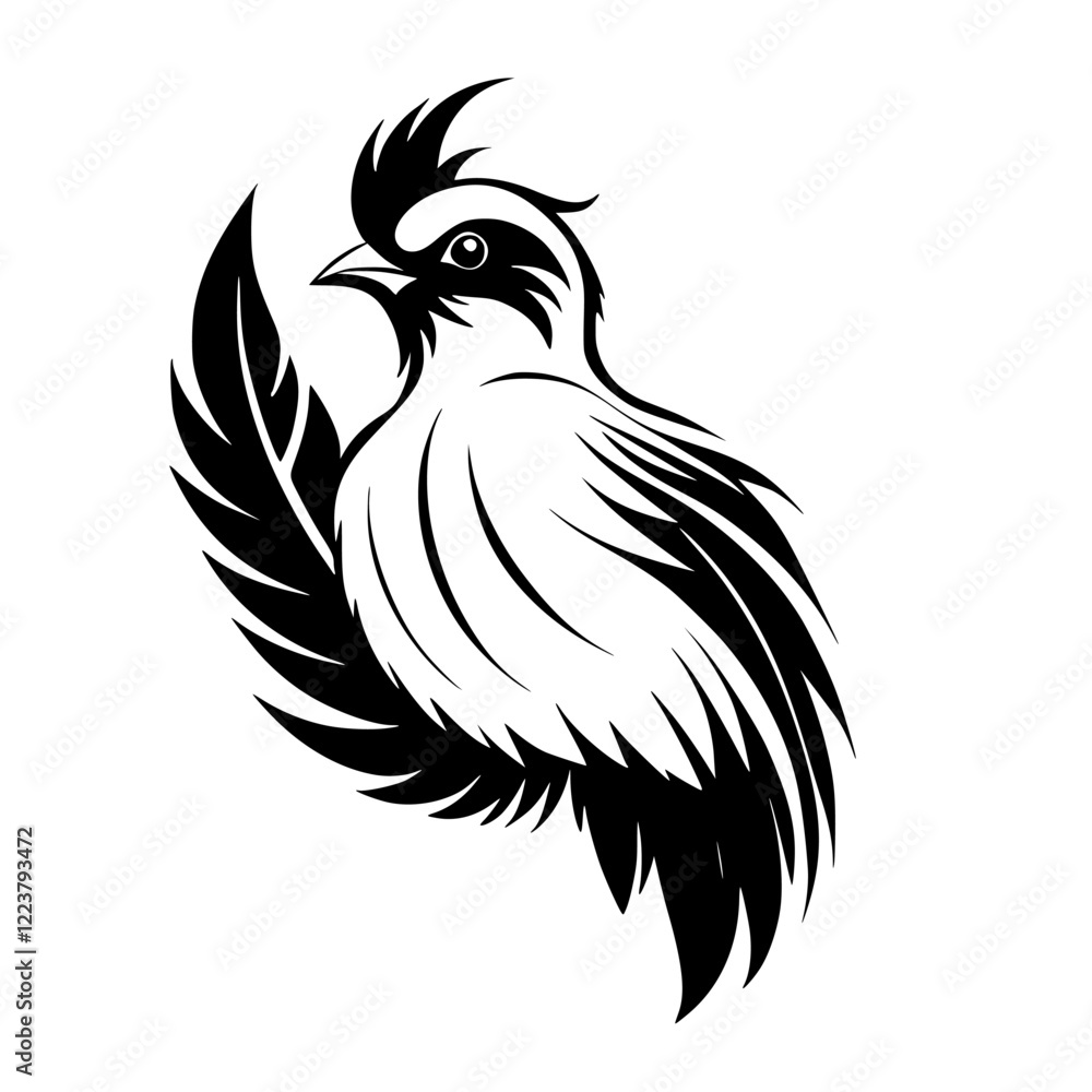 Obraz premium Elegant Bird Silhouette with Feather: Black and White Avian Art