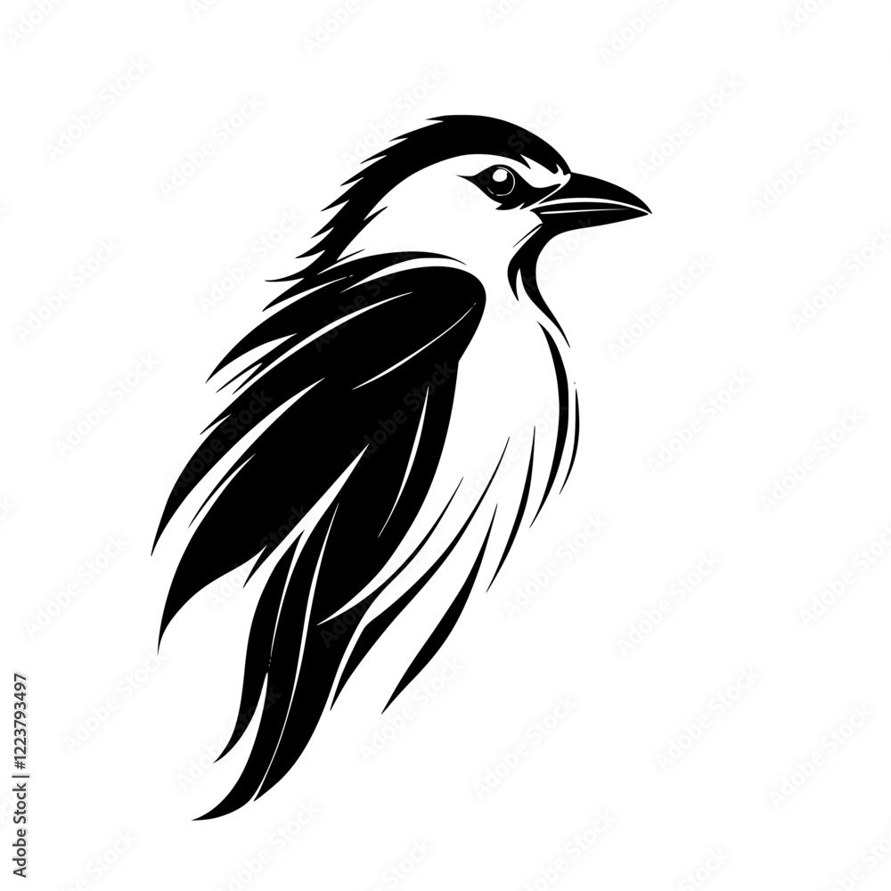 Obraz premium Elegant Bird Silhouette: Black and White Avian Vector Art. Perfect for nature lovers and graphic designers seeking a minimalist, stylized bird illustration.