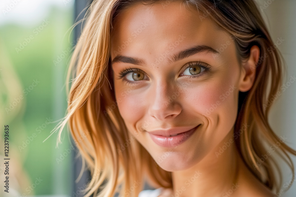 Smiling young woman with natural beauty looking at camera indoors Smiling young woman with natural beauty looking at camera indoors