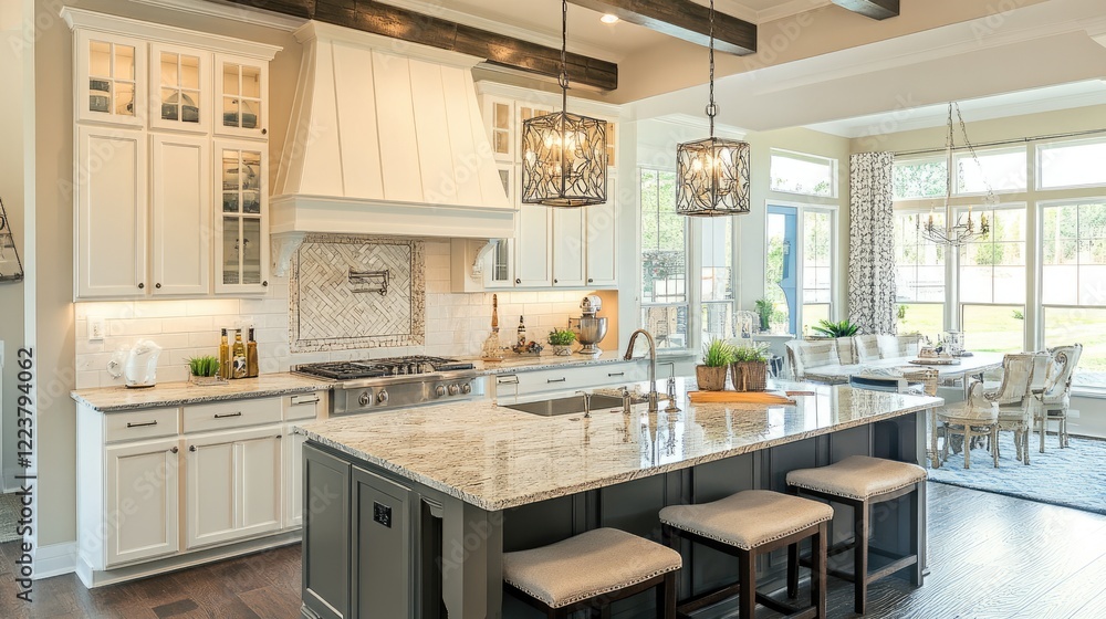 Fototapeta premium A modern kitchen with an island featuring an integrated sink and decorative pendant lights.