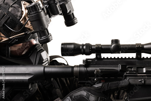 Tactical Soldier in Modern Gear Aiming a Rifle with Precision Optics photo