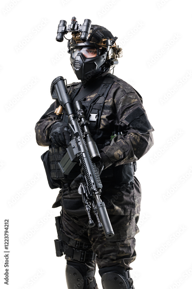 A tactical soldier in modern gear holding an automatic rifle and wearing a helmet with advanced optics A tactical soldier in modern gear holding an automatic rifle and wearing a helmet with advanced optics