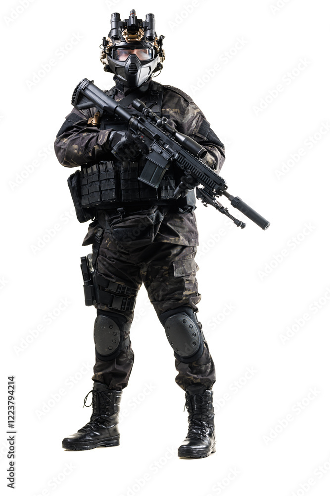 Tactical Soldier in Full Combat Gear Holding Firearm on Isolated White Background Tactical Soldier in Full Combat Gear Holding Firearm on Isolated White Background